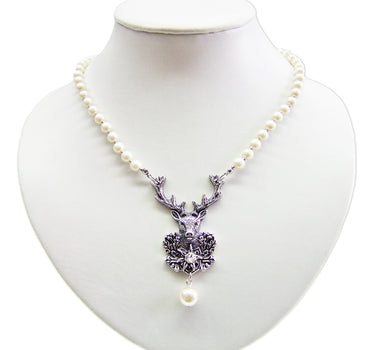 LUISIA Perlen Halskette mit Hirsch Anhänger - Weiß Silber