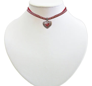 Kinder Trachten Halskette kariert mit Herz Anhänger Dunkelrot