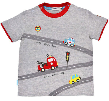BONDI Baby Jungen T-Shirt "Traffic" 91480 - Grau/Rot | Kinder Kurzarmshirt Auto Feuerwehr