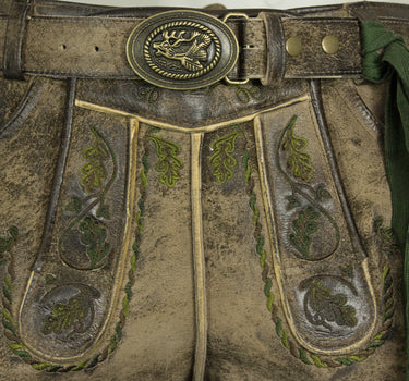 MADDOX Kurze Herren Lederhose "Amsel" mit Gürtel | Speckig Natur Grün