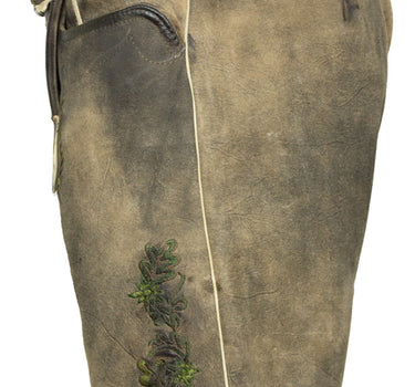 MADDOX Kurze Trachten Lederhose "Plattspitz" mit Gürtel | Antik Zirbe mit Grünem Stick