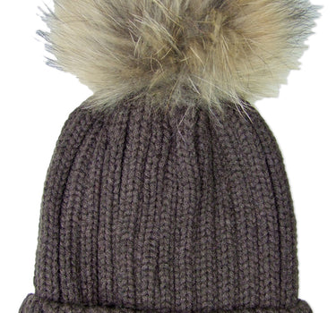 Damen Beanie Strickmütze mit Fellbommel - Dunkelbraun