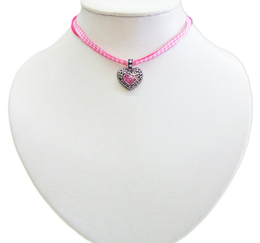 Kinder Trachten Halskette kariert mit Herz Anhänger Pink