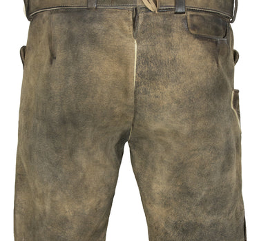 MADDOX Kurze Trachten Lederhose "Plattspitz" mit Gürtel | Antik Zirbe mit Grünem Stick