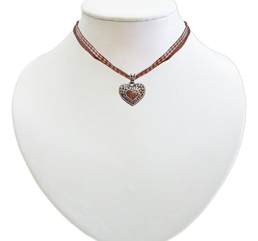 Kinder Trachten Halskette kariert mit Herz Anhänger Braun