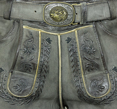 MADDOX Kurze Trachten Lederhose "Engelbert" mit Gürtel | Vegetabil Kohle Grau