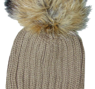 Damen Beanie Strickmütze mit Fellbommel - Hellbraun