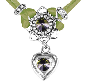LUISIA® Halskette Chiara mit Herzblüte, Strassherz und Kristallen von Swarovski® - Olivgrün