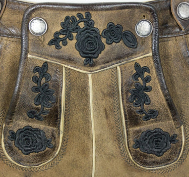 MADDOX Kurze Damen Lederhose "Verena" mit Hosenträgern | Antik Eiche