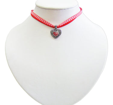 Kinder Trachten Halskette kariert mit Herz Anhänger Rot