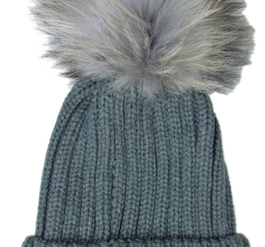Damen Beanie Strickmütze mit Fellbommel - Dunkelgrau
