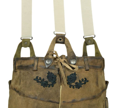 MADDOX Kurze Damen Lederhose "Verena" mit Hosenträgern | Antik Eiche