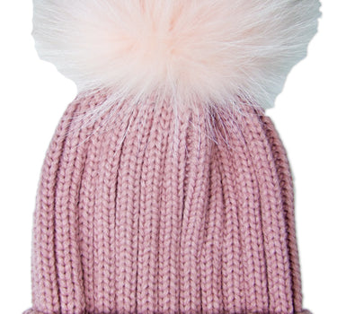Damen Beanie Strickmütze mit Fellbommel - Rosa