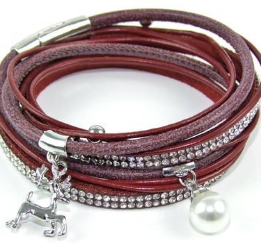 Wickelarmband mit Strass und Hirsch Anhänger - Dunkelrot