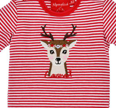 BONDI Langarm Baby Body "Lausmadl" mit Rehmotiv 86559 - Rot Geringelt | Mädchen Wäsche Baumwolle