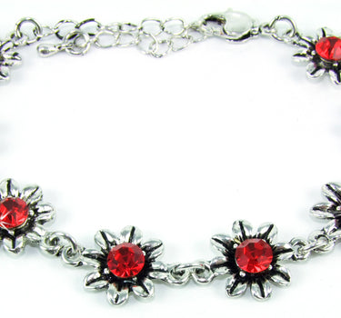 Silbernes Strass Armband mit Blüten - Rot