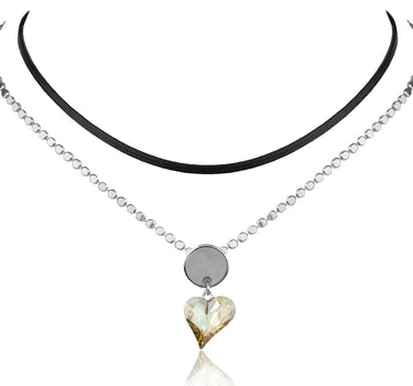 LUISIA Doppelte Halskette mit Kristallen von Swarovski - Herz und schwarzem Band